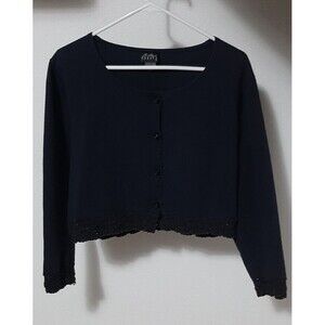 Boutique Europa Women's Medium Long Sleeve Crop Top Navy Blue Lace Vintage